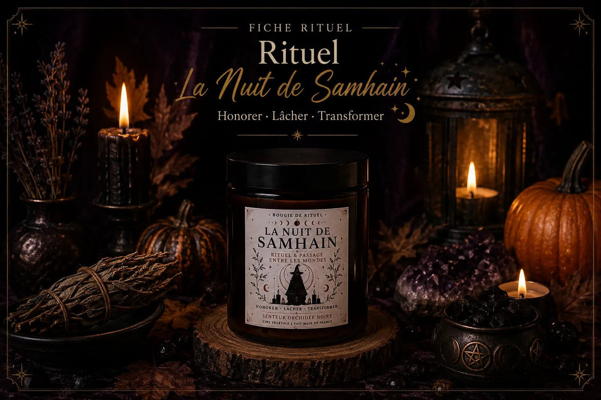 Bougie Rituel La Nuit de Samhain – Transition, Ancêtres & Intuition - L'Atelier Ginko - Boutique en Ligne