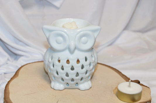 Brûle-parfum céramique Hibou brun vue de côté avec bougie chauffe-plat - L'Atelier Ginko