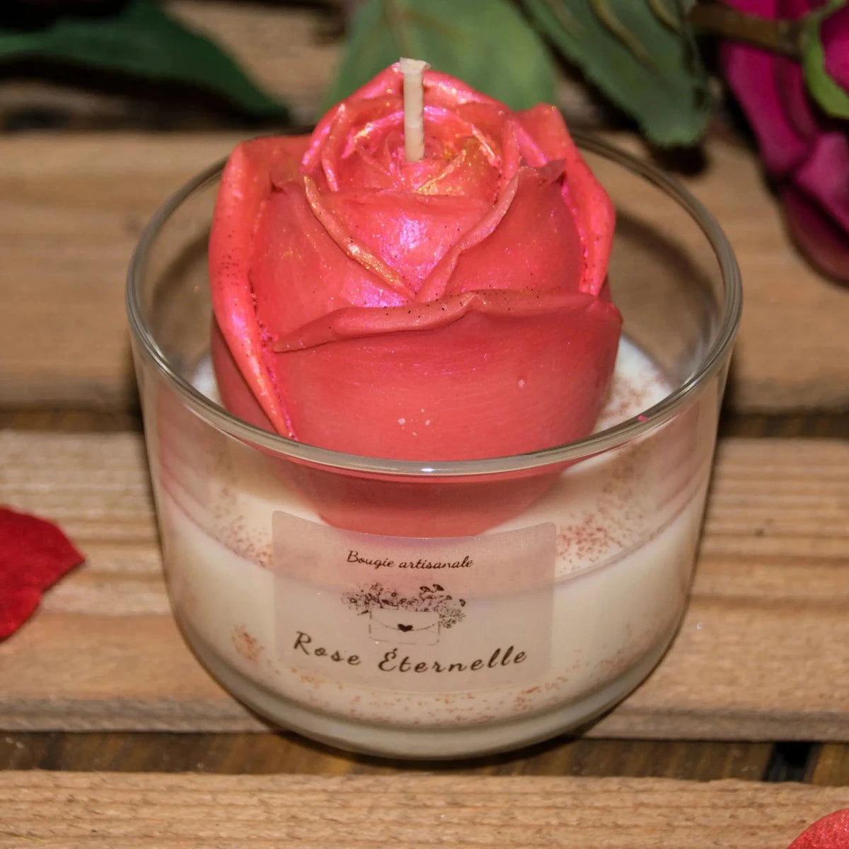 Bougie Fleur Rose vue de côté décorative faite main – L'Atelier Ginko Bouzonville