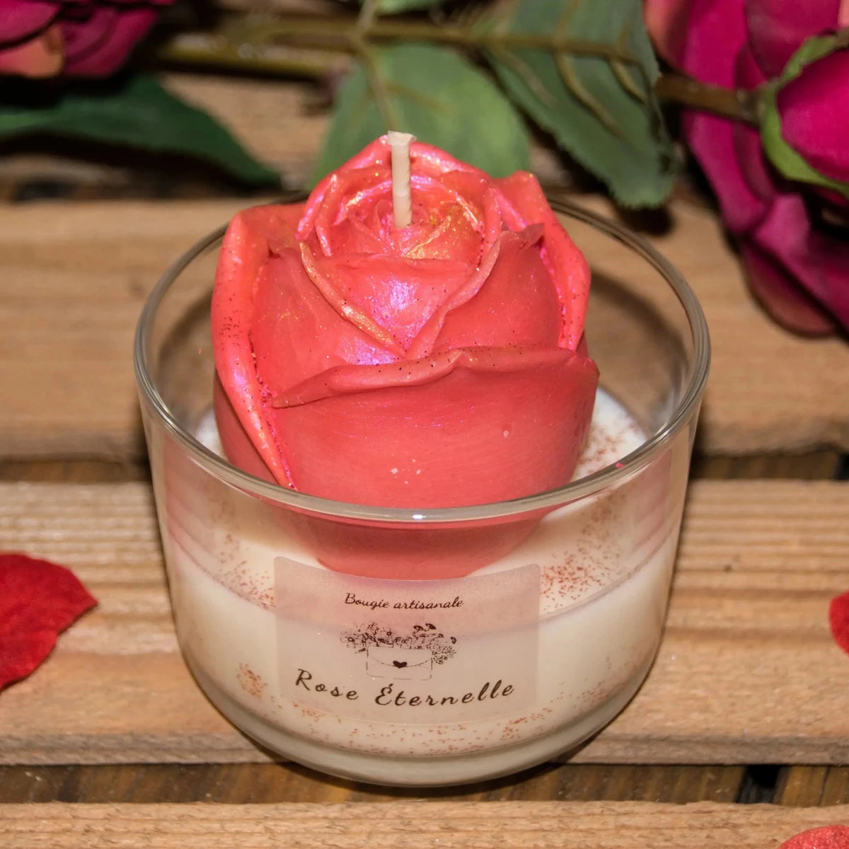 Bougie Fleur Rose détail pétales cire végétale artisanale – L'Atelier Ginko