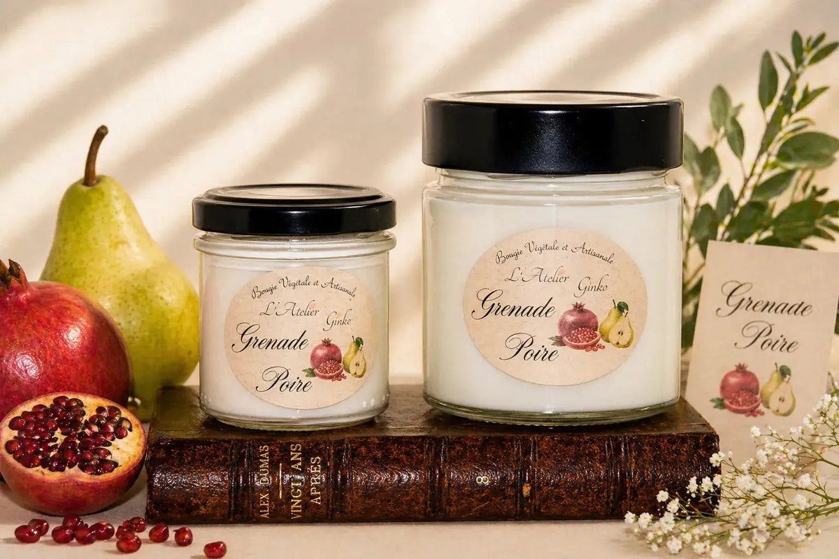 Bougie parfumée Grenade et Poire cire de soja artisanale L'Atelier Ginko Moselle