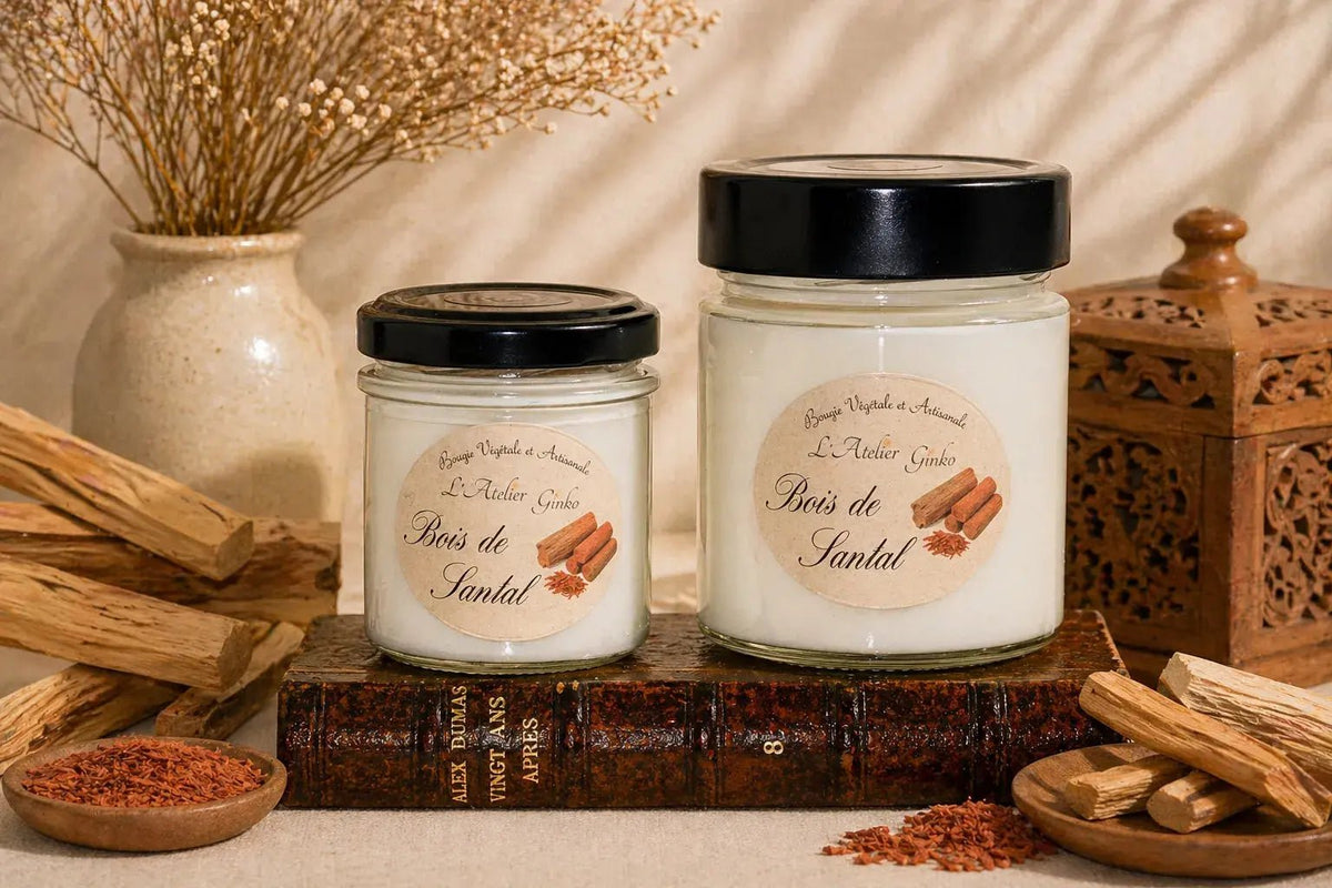 Bougie parfumée Bois de Santal cire de soja artisanale L'Atelier Ginko Moselle