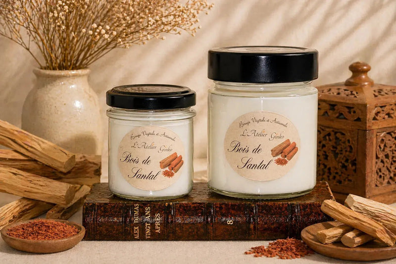 Bougie parfumée Bois de Santal cire de soja artisanale L'Atelier Ginko Moselle