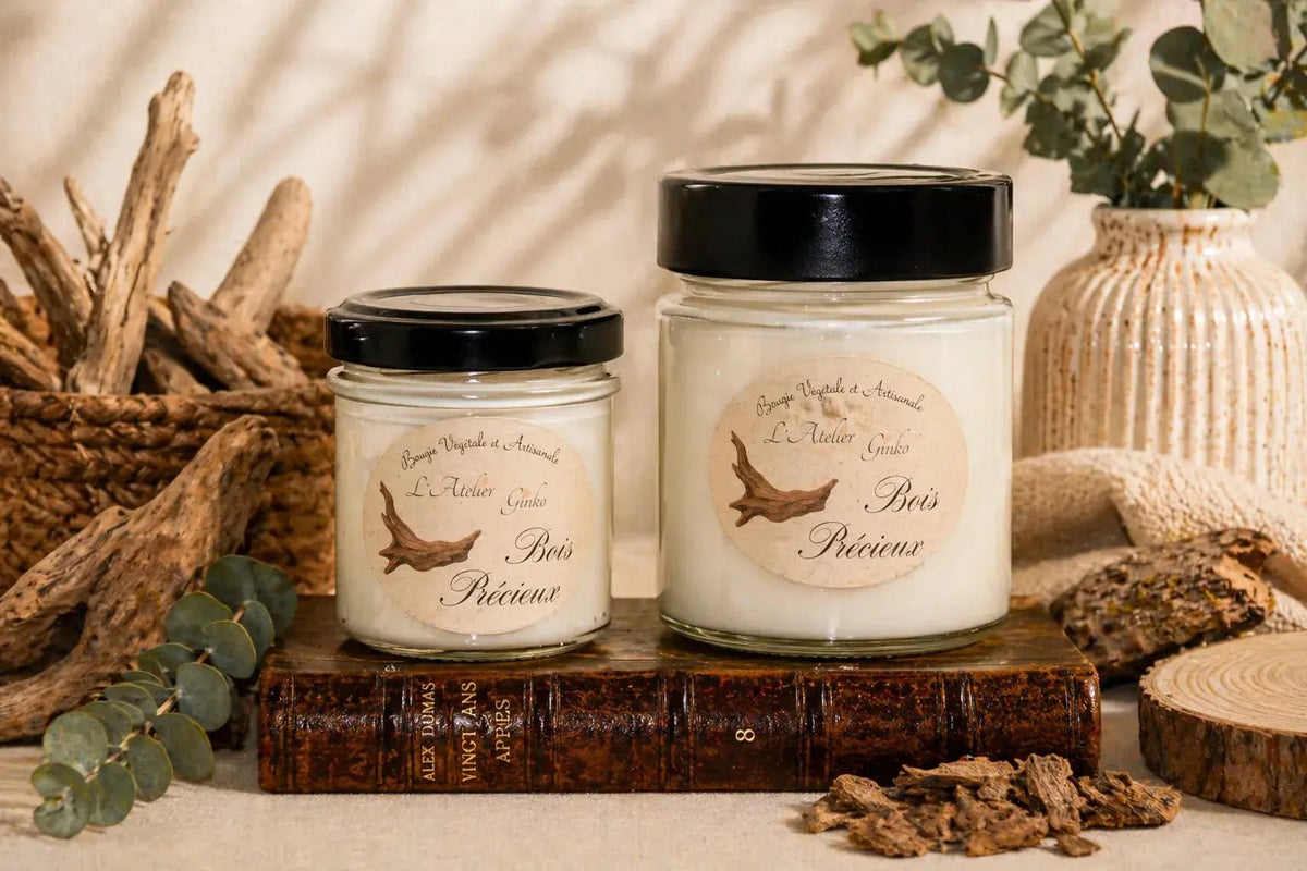 Bougie parfumée Bois Précieux cire de soja artisanale L'Atelier Ginko Moselle