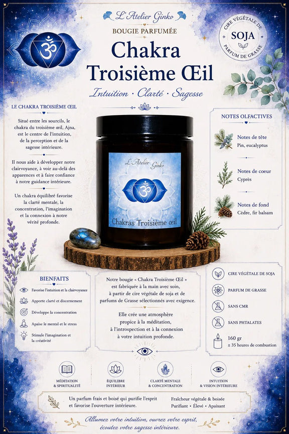 Bougie parfumée Chakras Troisième Œil AJNA - L'Atelier Ginko - Boutique en Ligne