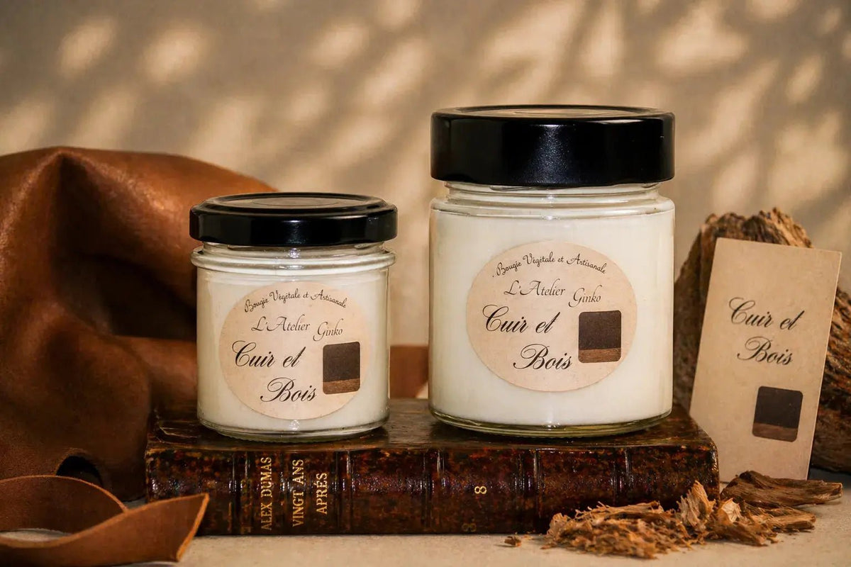 Bougie parfumée Cuir et Bois cire de soja artisanale - L'Atelier Ginko