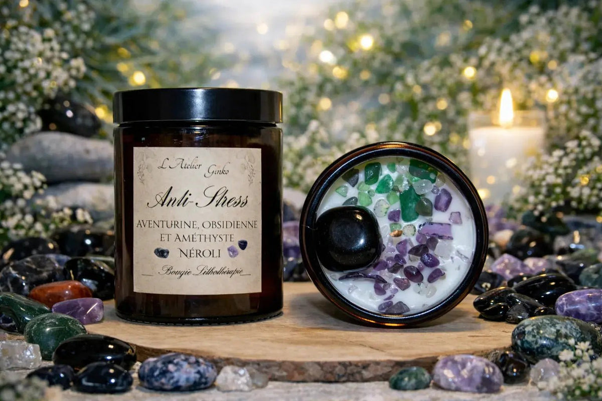 Bougie parfumée Lithothérapie Anti-Stress avec pierres cristaux - L'Atelier Ginko