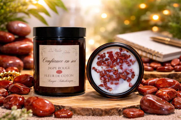 Bougie parfumée Lithothérapie Confiance en soi avec pierres cristaux - L'Atelier Ginko