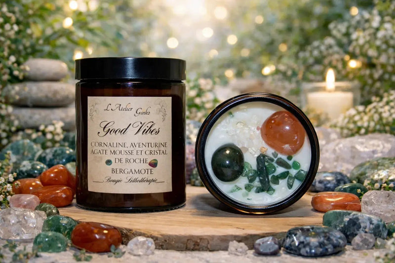 Bougie parfumée Lithothérapie Good Vibes avec pierres cristaux - L'Atelier Ginko