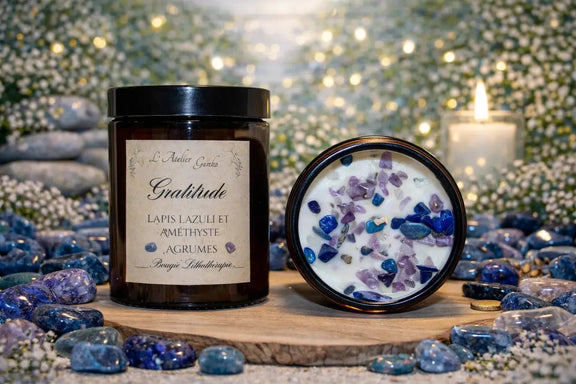Bougie parfumée Lithothérapie Gratitude avec pierres cristaux - L'Atelier Ginko