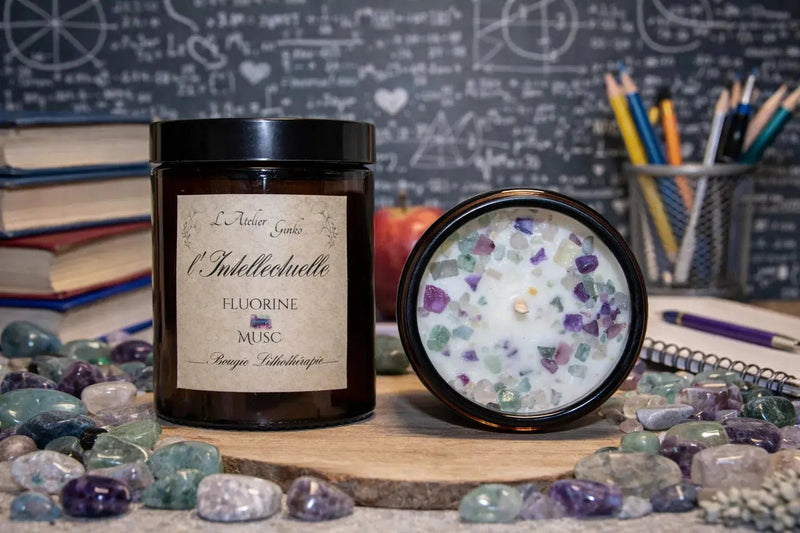 Bougie parfumée Lithothérapie L'Intellectuelle avec pierres cristaux - L'Atelier Ginko
