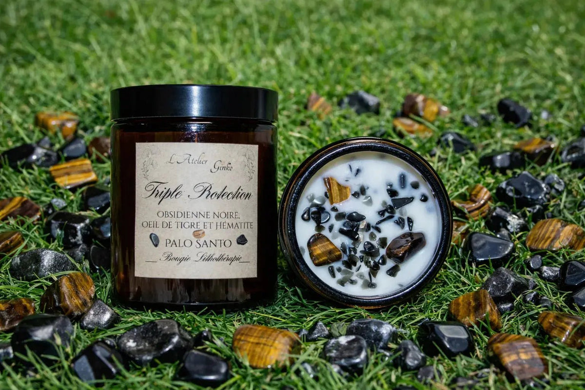 Bougie parfumée Lithothérapie Triple Protection avec pierres cristaux - L'Atelier Ginko