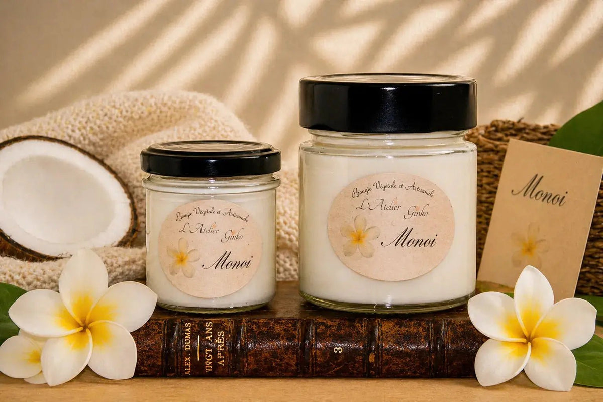 Bougie parfumée Monoï cire de soja artisanale L'Atelier Ginko Moselle