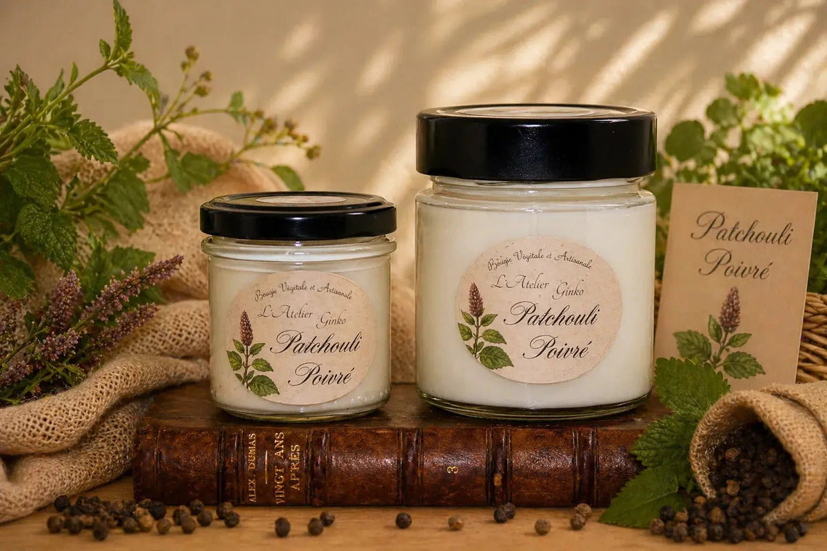 Bougie parfumée Patchouli Poivré cire de soja artisanale L'Atelier Ginko Moselle