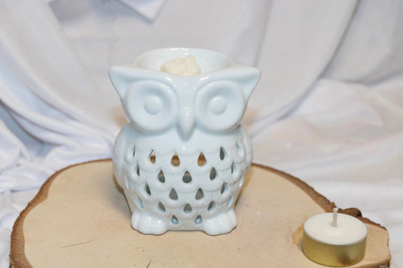 Brûle-parfum céramique Hibou brun vue de côté avec bougie chauffe-plat - L'Atelier Ginko