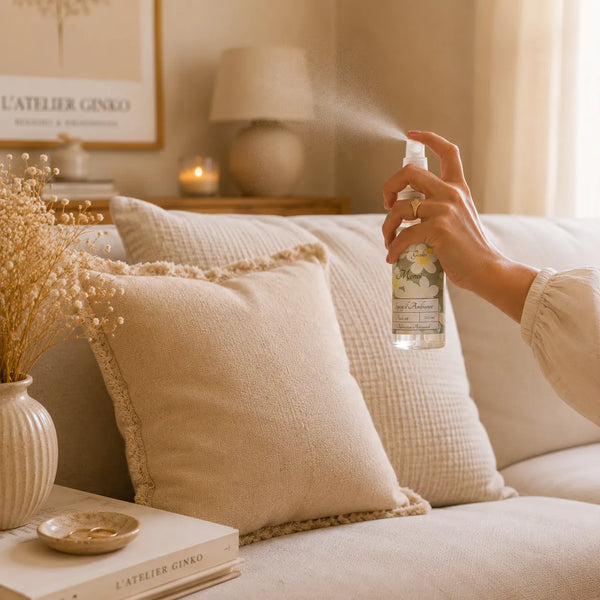 Spray d'ambiance artisanal vaporisé sur un coussin – L'Atelier Ginko Moselle
