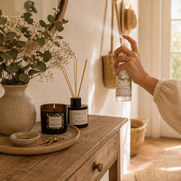 Spray d'ambiance artisanal parfumé dans une entrée – L'Atelier Ginko Bouzonville