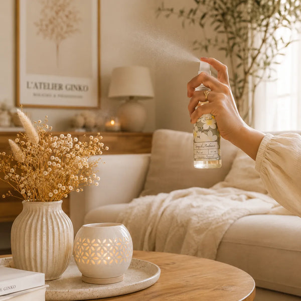 Spray d'ambiance artisanal parfumé dans un salon – L'Atelier Ginko Bouzonville